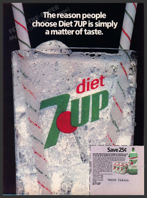 Diet 7 UP 1980s Magazine Print Advertisement 1984 Bubbly Glass Two Straws Diet 7 UP