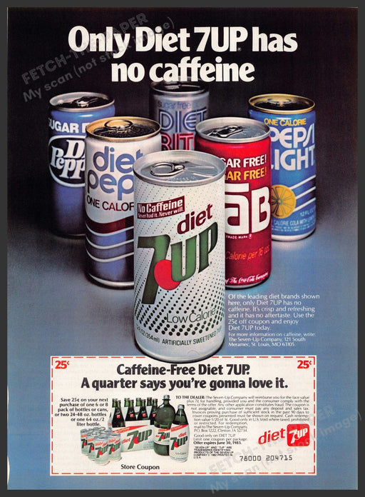 Diet 7 UP Soda 1980s Print Advertisement 1982 No Caffeine Fetch-the-Paper