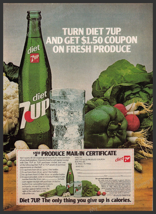 Diet 7Up 1980s Print Advertisement 1982 Fresh Produce Bottle Fetch-the-Paper