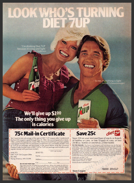 Diet 7Up 1980s Print Advertisement 1982 Loni Anderson Arnold Schwarzenegger Fetch-the-Paper