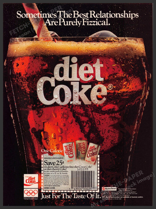 Diet Coke 1980s Magazine Print Advertisement 1988 "Purely fizzical" Fetch-the-Paper
