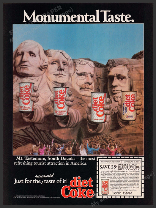 Diet Coke 1980s Print Advertisement Ad 1986 Mount Rushmore Taste Diet Coke