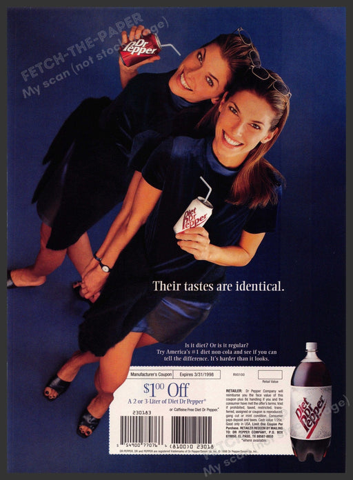 Diet Dr Pepper 1990s Magazine Print Advertisement 1998 Identical Twins Fetch-the-Paper