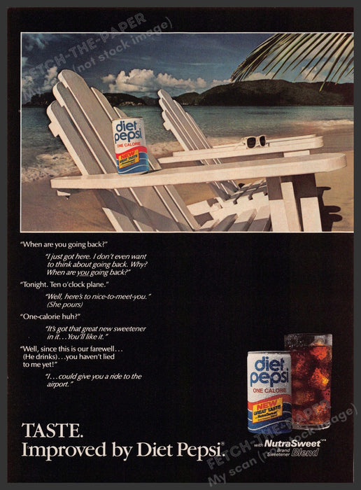 Diet Pepsi Soda 1980s Print Advertisement 1984 Beach Chair NutraSweet Fetch-the-Paper