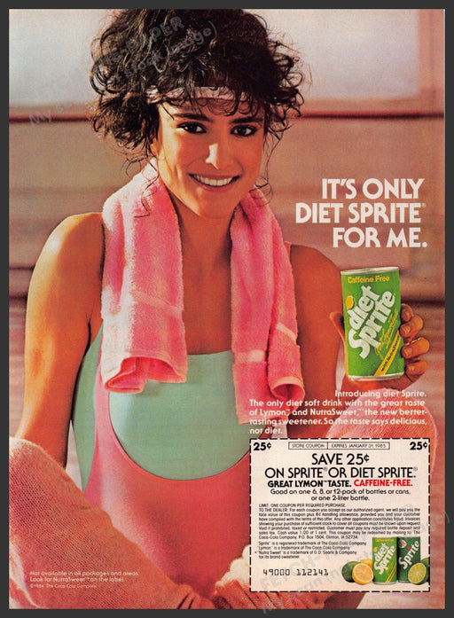 Diet Sprite 1980s Magazine Print Advertisement 1984 Aerobics Sweating Workout Diet Sprite