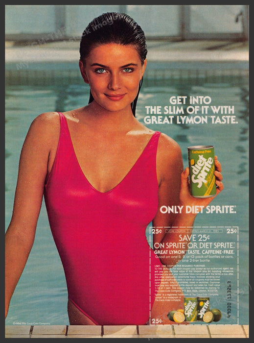 Diet Sprite Paulina Porizkova 1980s Print Advertisement 1984 Pool Swimsuit Fetch-the-Paper