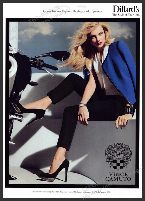 Dillard's Vince Camuto 2010s Print Advertisement 2012 Legs Blonde Motorcycle Fetch-the-Paper
