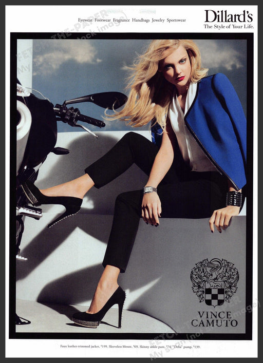 Dillard's Vince Camuto 2010s Print Advertisement 2012 Legs Blonde Motorcycle Fetch-the-Paper