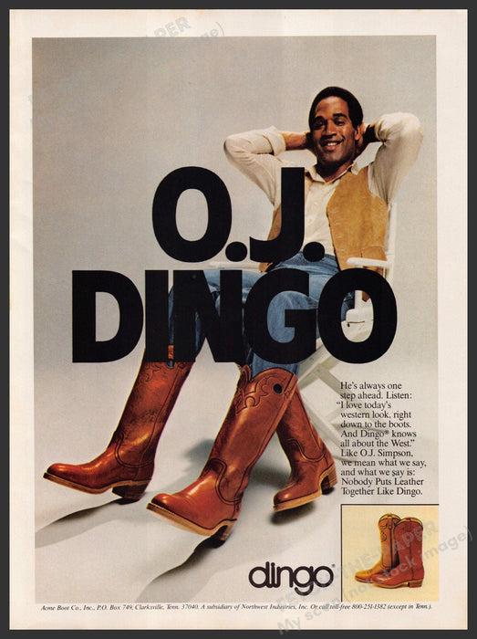 Dingo Boots O.J. Simpson 1970s Print Advertisement Ad 1979 Chair Fetch-the-Paper