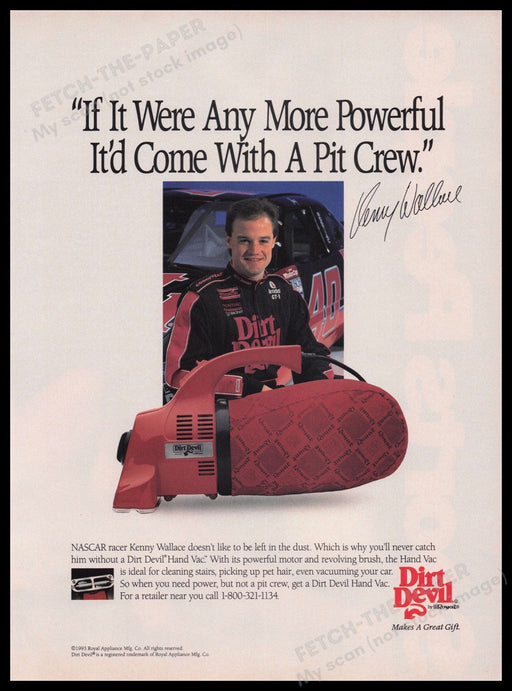 Dirt Devil NASCAR Kenny Wallace 1990s Print Advertisement Ad 1993 Fetch the Paper!