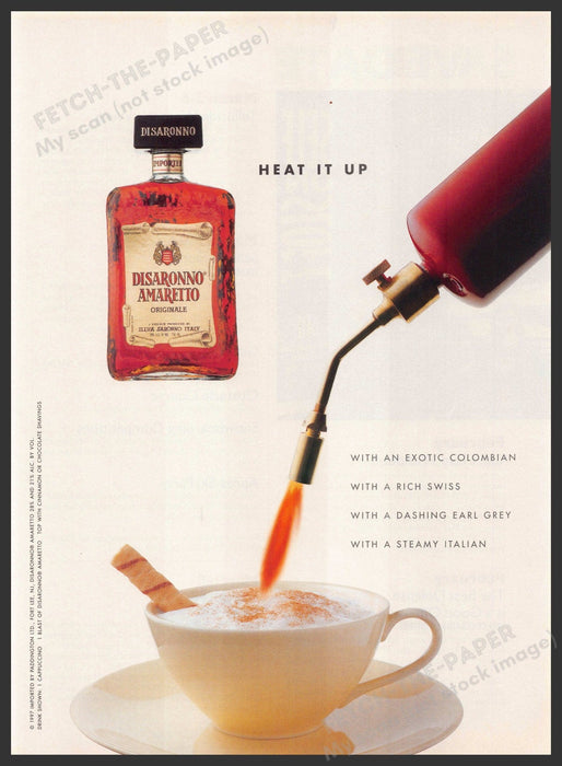 Disaronno Amaretto 1990s Magazine Print Advertisement 1998 "Heat it up" Fetch-the-Paper