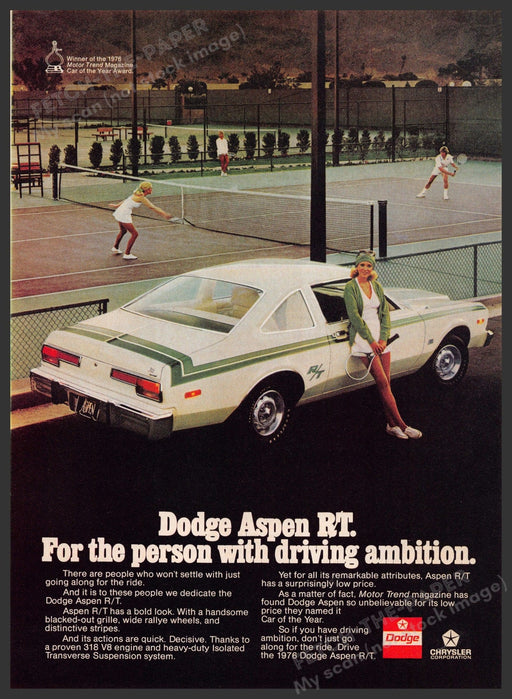 Dodge Aspen R/T 1970s Print Advertisement 1976 Legs Girl Tennis Fetch-the-Paper