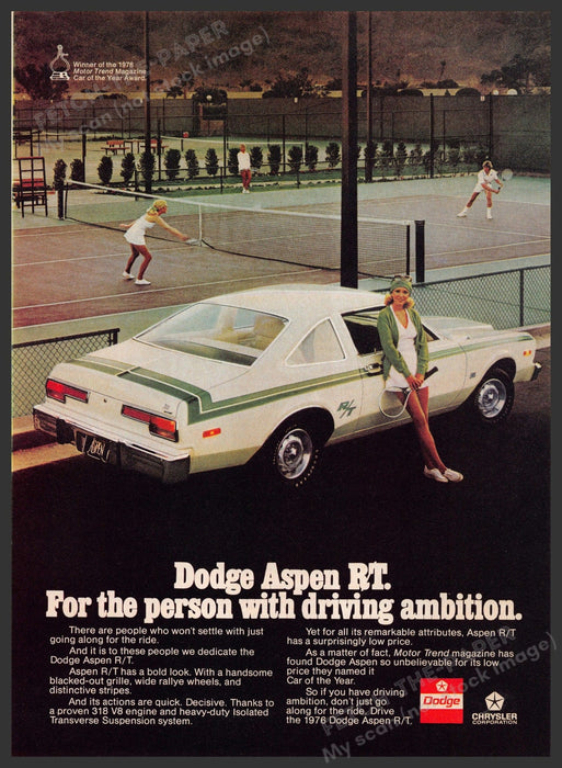 Dodge Aspen R/T 1970s Print Advertisement 1976 Legs Girl Tennis Fetch-the-Paper