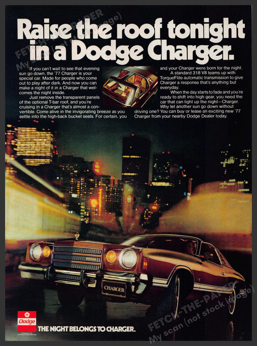 Dodge Charger 1970s Magazine Print Advertisement 1977 "Raise the roof tonight" Dodge Charger