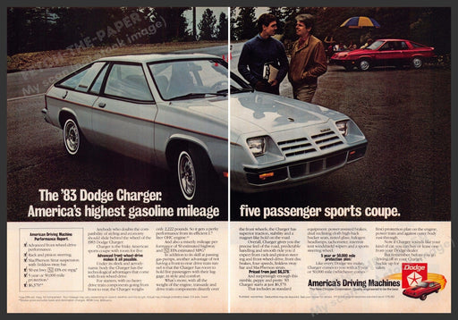 Dodge Charger 1980s Print Advertisement (2 page) 1982 Highest Gasoline Mileage Fetch-the-Paper
