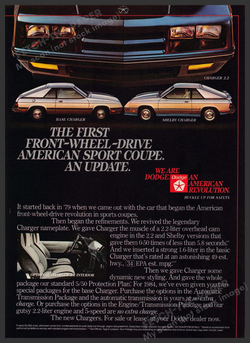 Dodge Charger 2.2 & Shelby Charger Car 1980s Print Advertisement 1984 Fetch-the-Paper