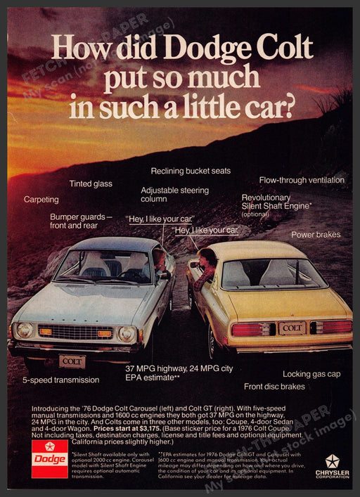 Dodge Colt Carousel & GT 1970s Print Advertisement 1976 Sunset Fetch-the-Paper