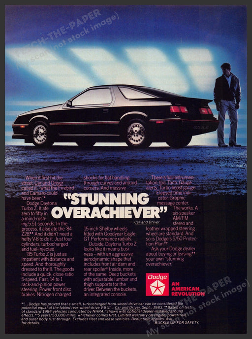 Dodge Daytona 1980s Magazine Print Advertisement 1985 "Stunning overachiever" Dodge Daytona