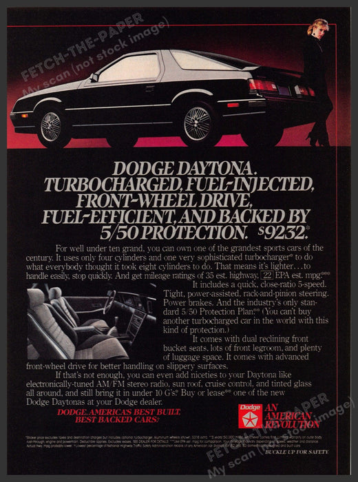 Dodge Daytona Car 1980s Print Advertisement 1984 Turbo Sleek Interior Fetch-the-Paper