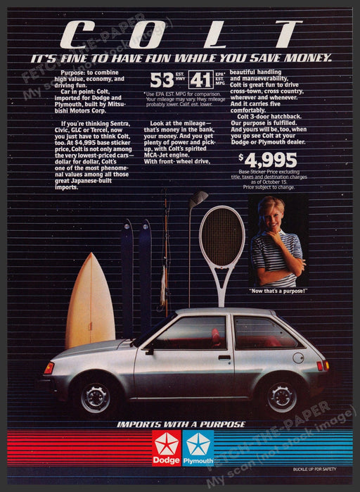 Dodge Plymouth Colt Car 1980s Print Advertisement Ad 1983 Fetch the Paper!