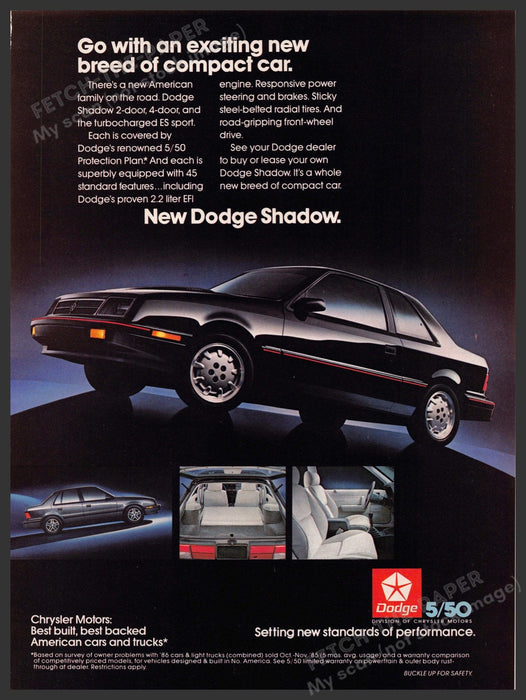 Dodge Shadow 1980s Magazine Print Advertisement 1987 "Exciting new breed of car" Fetch-the-Paper