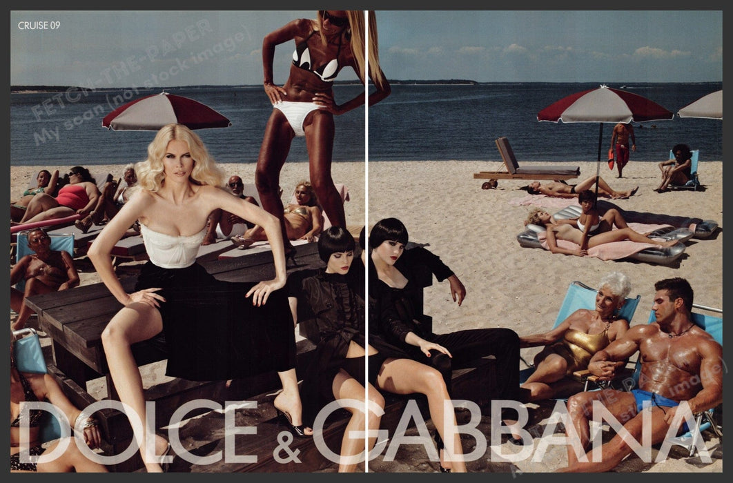 Dolce & Gabbana Claudia Schiffer 2000s Print Advertisement Ad (2 Pg) 2008 Beach Fetch-the-Paper