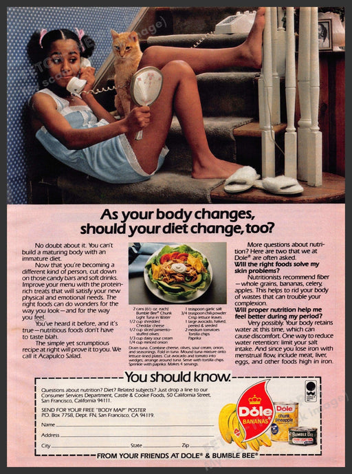 Dole & Bumblebee 1980s Print Advertisement 1981 "As your body changes..diet too" Dole and Bumblebee