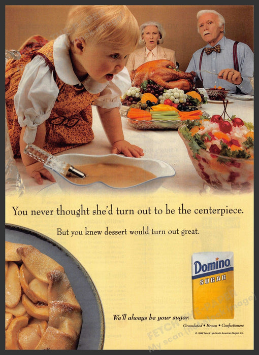 Domino Sugar 1990s Print Advertisement 1998 Thanksgiving Baby on the Table Domino Sugar