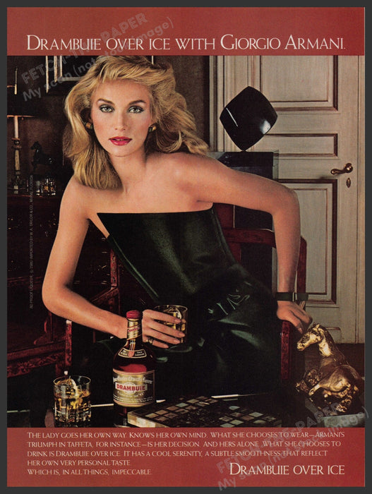 Drambuie Over Ice with Giorgio Armani 1980s Print Advertisement Ad 1981 Fetch-the-Paper