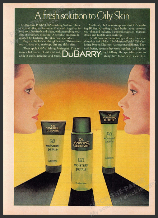 DuBarry Moisture Petals 1970s Print Advertisement 1976 Fresh for Oily Skin Fetch-the-Paper
