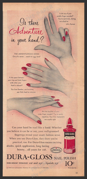 Dura-Gloss Nail Polish 1940s Print Advertisement Ad 1949 Hands Fetch-the-Paper