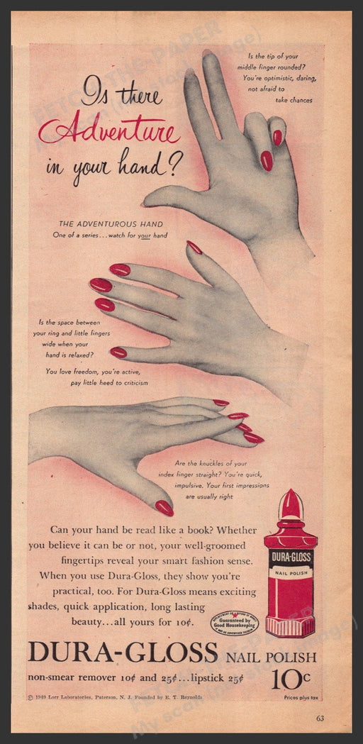Dura-Gloss Nail Polish 1940s Print Advertisement Ad 1949 Hands Fetch-the-Paper