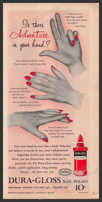 Dura-Gloss Nail Polish Adventure Hands 1940s Print Advertisement Ad 1949 Fetch-the-Paper