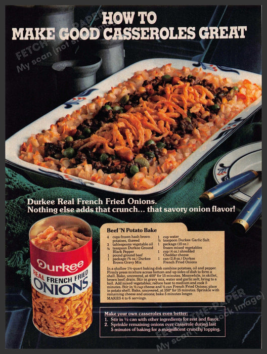 Durkee 1980s Print Advertisement 1984 French Onions "Beef 'n Potato Bake" Recipe Durkee