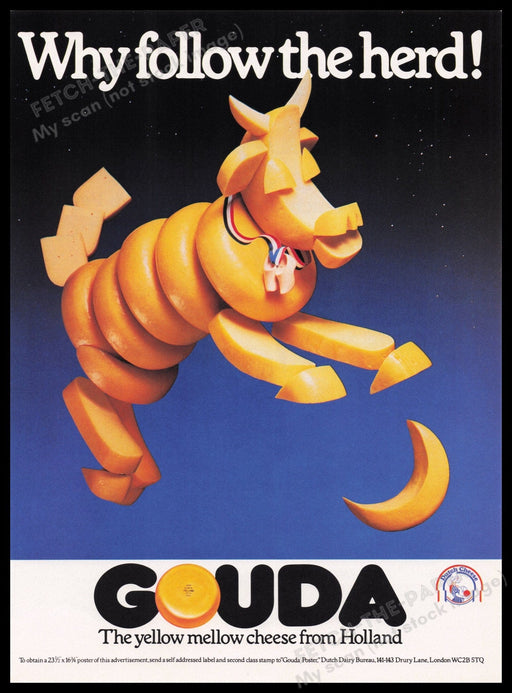 Dutch Cheese Gouda 1980s Print Advertisement Ad 1982 "Why follow the herd" Fetch the Paper!
