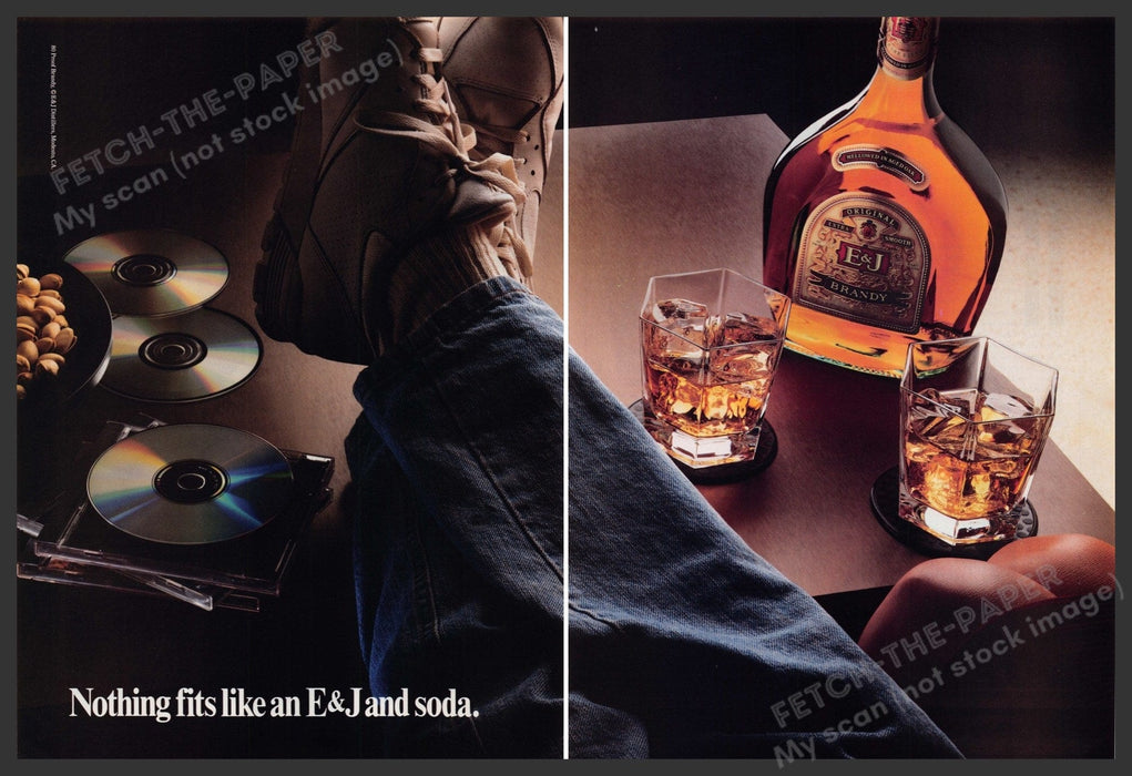 E & J Brandy 1990s Print Advertisement Ad (2 Pg) 1991 "Nothing fits..." CDs Fetch-the-Paper