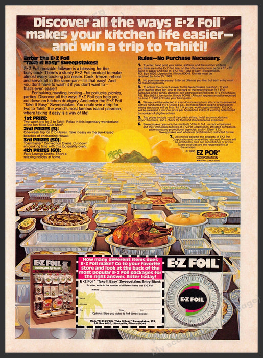 E-Z Foil 1980s Print Advertisement 1983 Kitchen Tahiti Trip Fetch-the-Paper