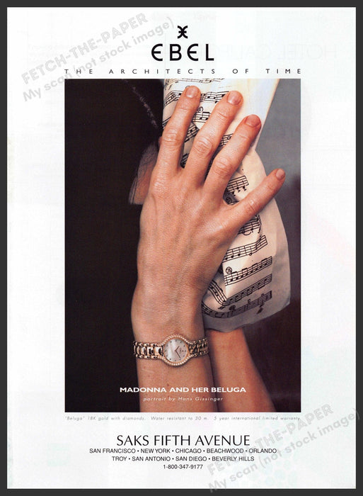 Ebel Watch 1990s Print Advertisement 1999 Madonna and Her Beluga Fetch-the-Paper