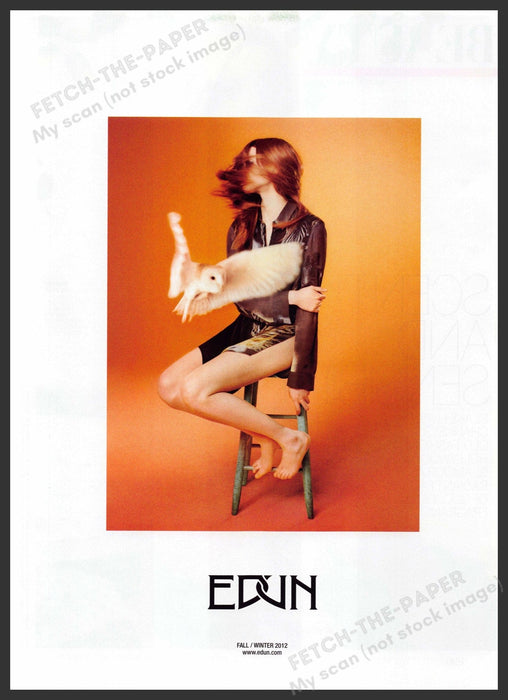 Edun Fashion 2010s Print Advertisement 2012 Owl Model Legs Bare Feet Stool Fetch-the-Paper