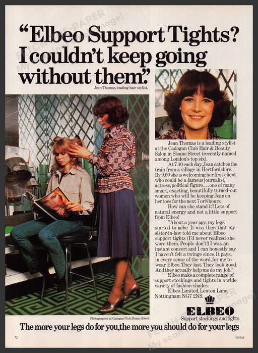 Elbeo Support Tights 1970s Print Advertisement Ad 1977 Jean Thomas Hairdresser Fetch-the-Paper