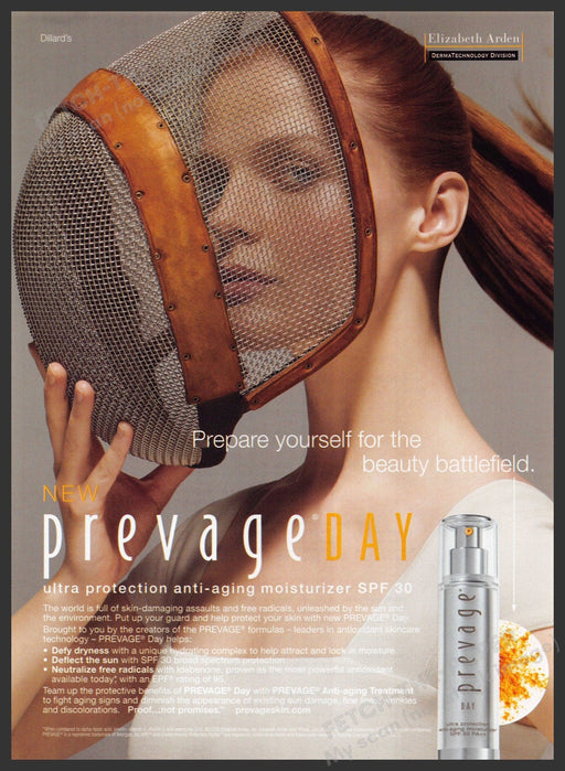 Elizabeth Arden Prevage Day 2000s Print Advertisement 2009 Fencing Mask Fetch-the-Paper