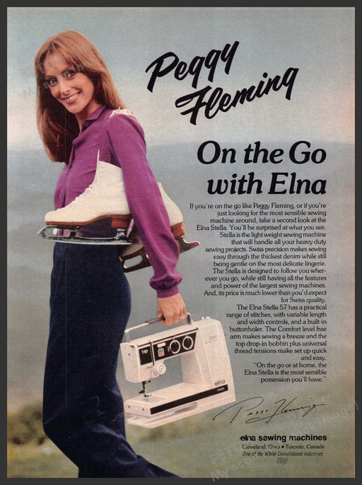 Elna Sewing Machines Peggy Fleming 1980s Print Advertisement 1981 On the Go Elna