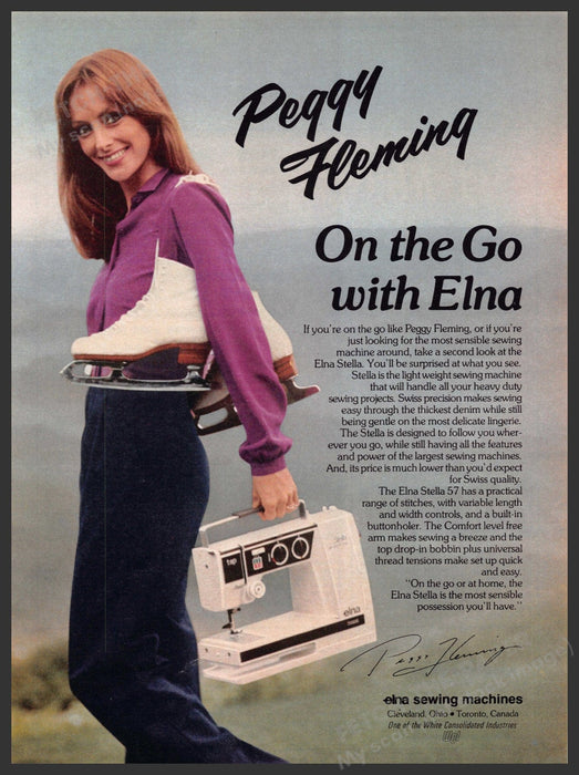 Elna Sewing Machines Peggy Fleming 1980s Print Advertisement 1981 On the Go Elna