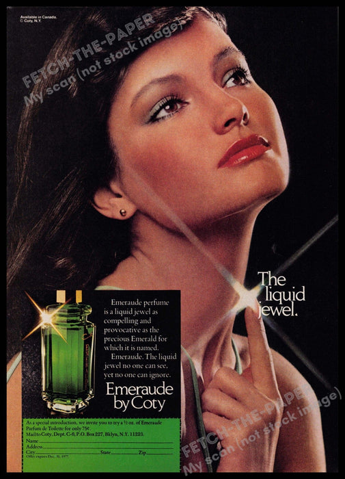 Emeraude Coty 1970s Print Advertisement 1977 "The liquid jewel" Not the product Coty Emeraude
