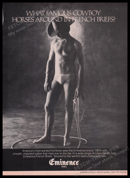 Eminence Paris Briefs 1980s Print Advertisement Ad 1980 Cowboy Men's Underwear Fetch the Paper!