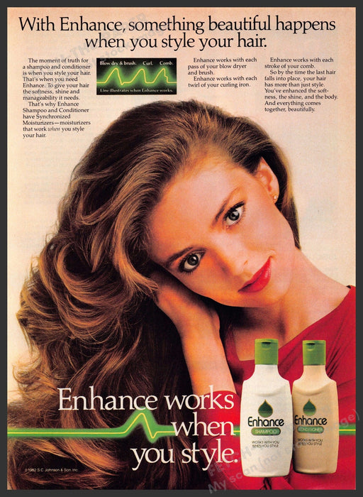 Enhance Hair Products 1980s Print Advertisement 1982 Wavy Long Hair Fetch-the-Paper