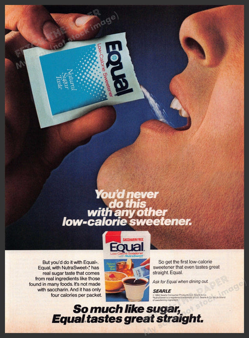 Equal 1980s Magazine Print Advertisement 1984 Sweetener Saccharin Free Mouth Fetch-the-Paper