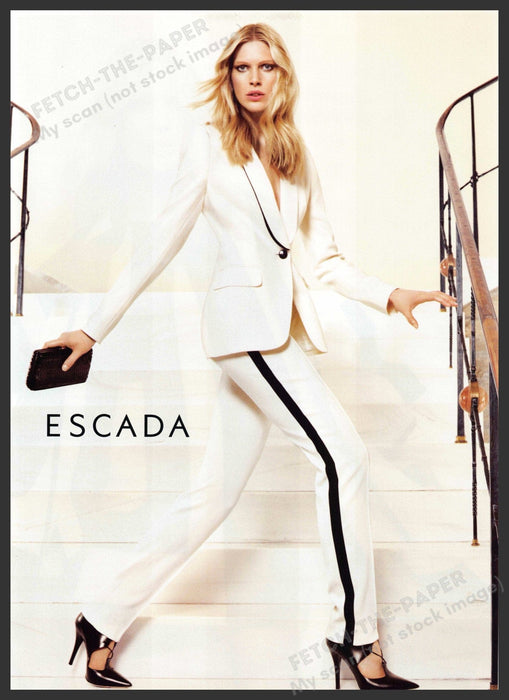 Escada Iselin Steiro 2010s Print Advertisement 2012 Long Legs Pantsuit Fetch-the-Paper