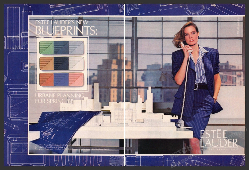 Estee Lauder 1980s Magazine Print Ad (2 pages) 1988 Working Woman Blueprints Fetch-the-Paper