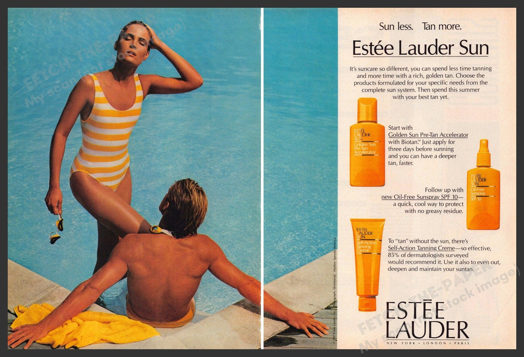 Estee Lauder 1980s Magazine Print Advertisement (2 pages) 1987 Couple Sun Less Estee Lauder